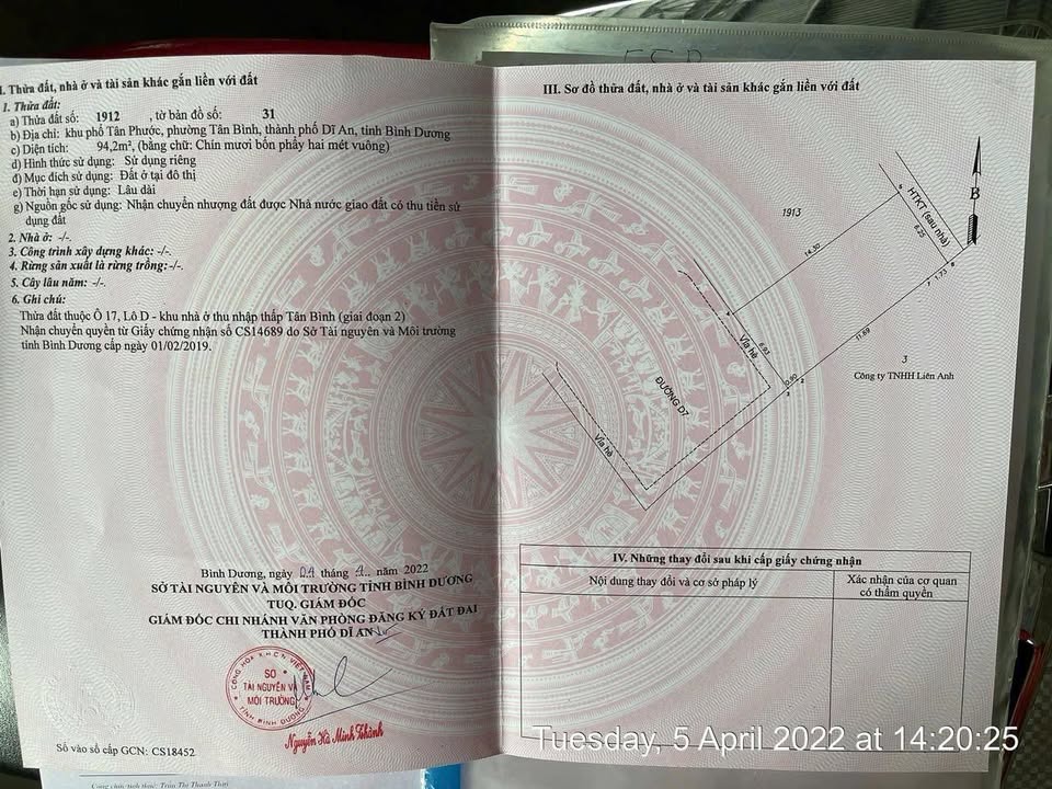 Đất thổ cư Dĩ An 94m² Sổ hồng riêng - Giá 3.3 tỷ