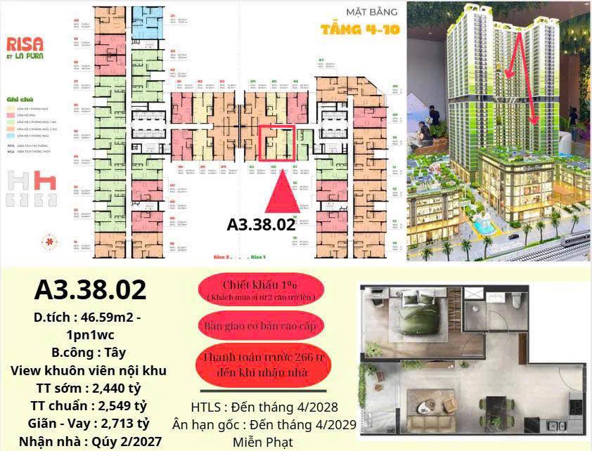 Căn hộ La Pura Thuận An 46,6m2 2,44 tỷ - View đẹp