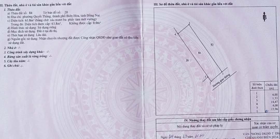 Đất nền P. Quyết Thắng Biên Hòa 63.8m² giá 1.35 tỷ - Sổ hồng chính chủ