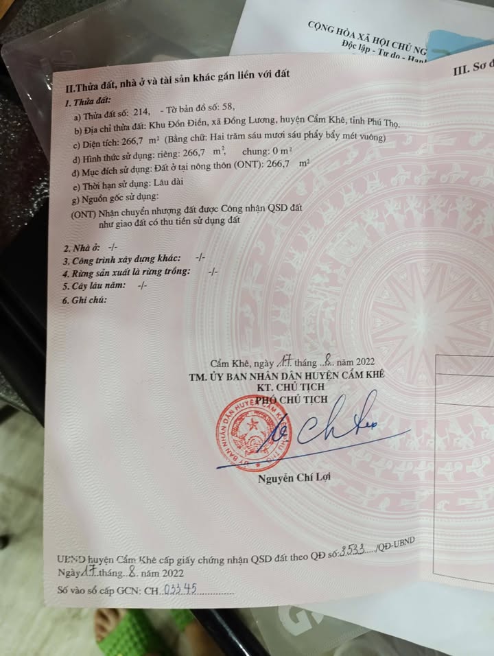 Đất nền Đồng Lương Cẩm Khê 267m² - Sổ đỏ chính chủ, đường ô tô!