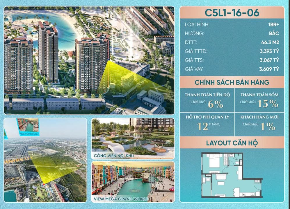 Căn hộ Masteri Grand Coast Đông Anh 46m²/3.393 tỷ - View đẹp