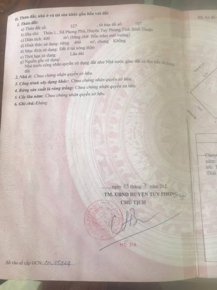 Đất nền Tuy Phong 400m² giá 1.1 tỷ - Sổ đỏ chính chủ