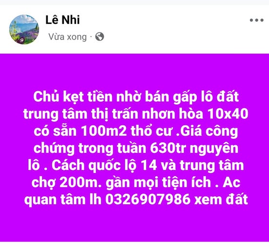 Đất nền Thị trấn Nhơn Hoà 400m² giá 630 triệu - Sổ đỏ chính chủ!