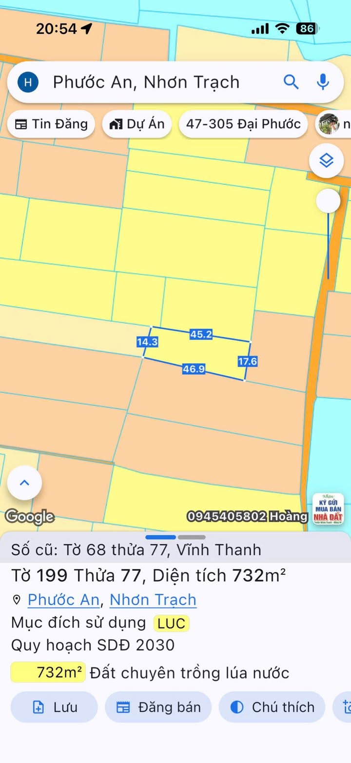Đất Nông Nghiệp 732m² Vĩnh Thanh, Nhơn Trạch - Sổ Hồng Riêng, Giá 1.8 Tỷ