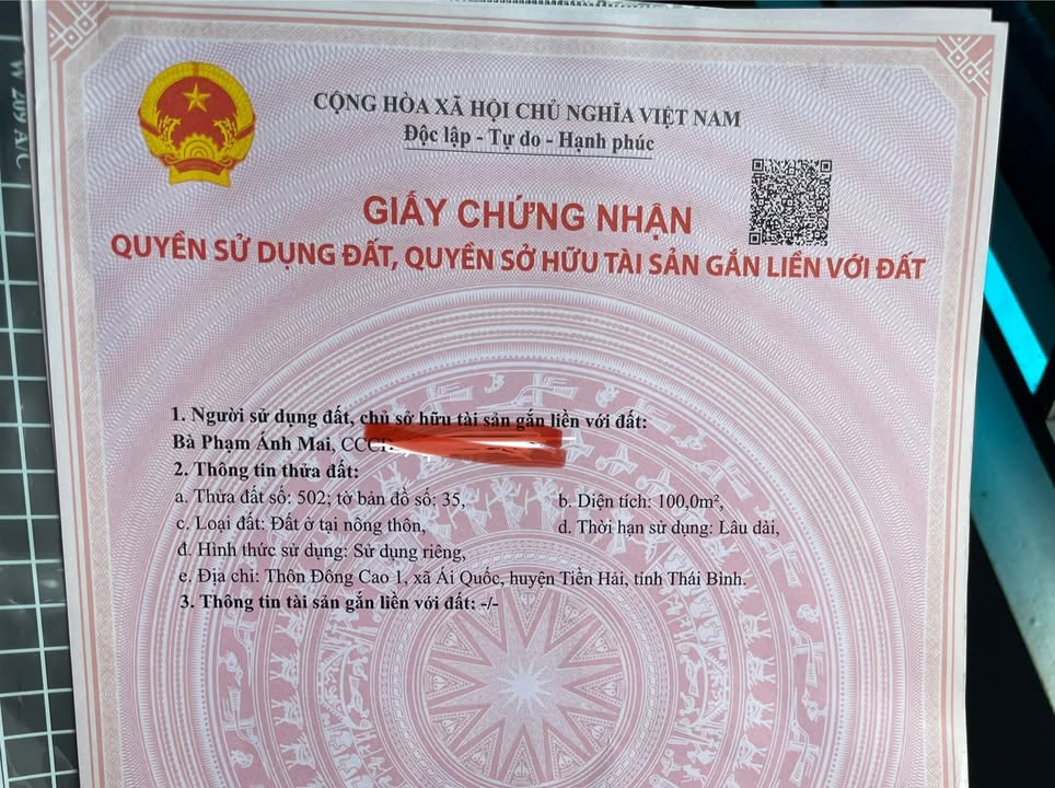 Đất nền Ái Quốc Quỳnh Phụ 100m² - Sổ đỏ chính chủ!