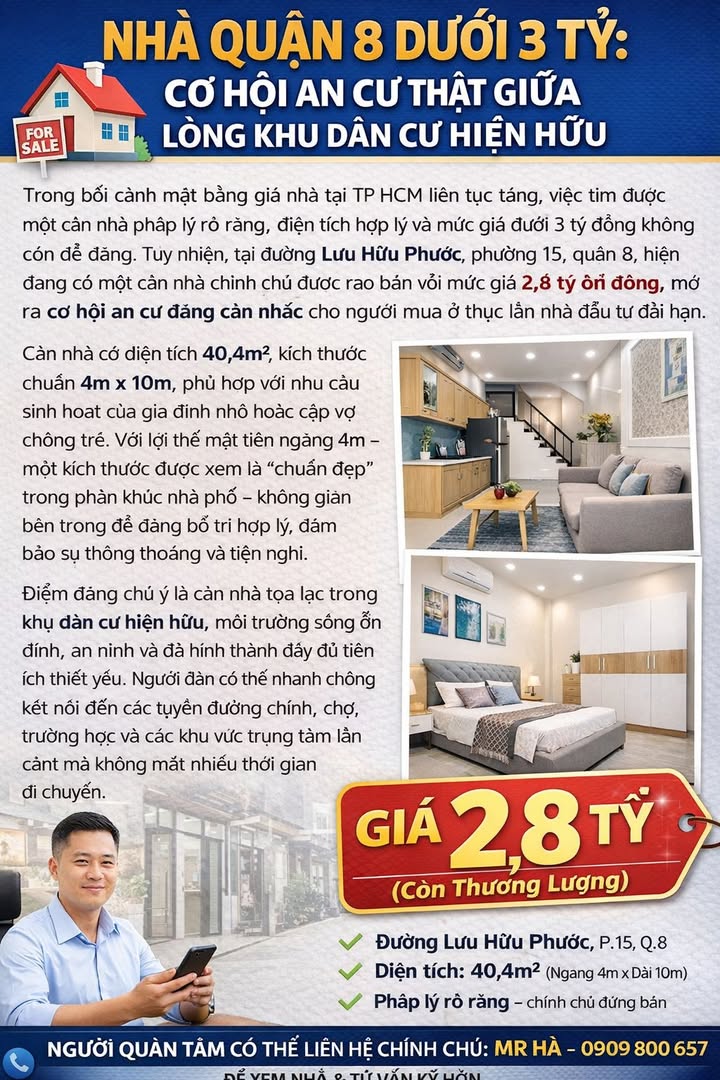 Bán nhà Quận 8 đường Lưu Hữu Phước 40m² giá 2.8 tỷ - Sổ đỏ sẵn!