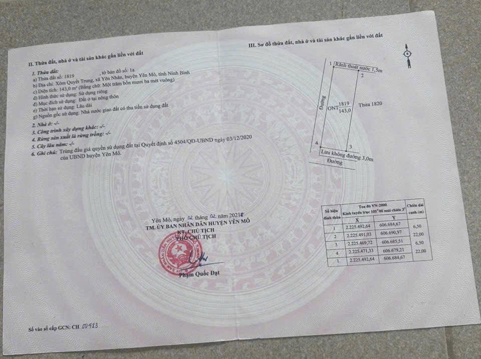 Đất Nền Yên Nhân, Yên Mô 143m² 2 Mặt Tiền, Ô Tô Vào Tận Nơi