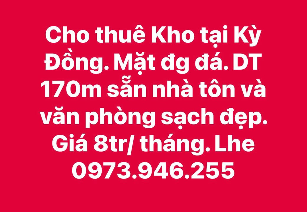 Cho thuê kho xưởng 170m² mặt đường đá Kỳ Đồng, TP Thái Bình - Giá 8 triệu/tháng