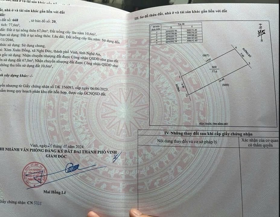 Đất Nghi Đức TP Vinh 77.6m² - Sổ đỏ chính chủ, gần đường 72m