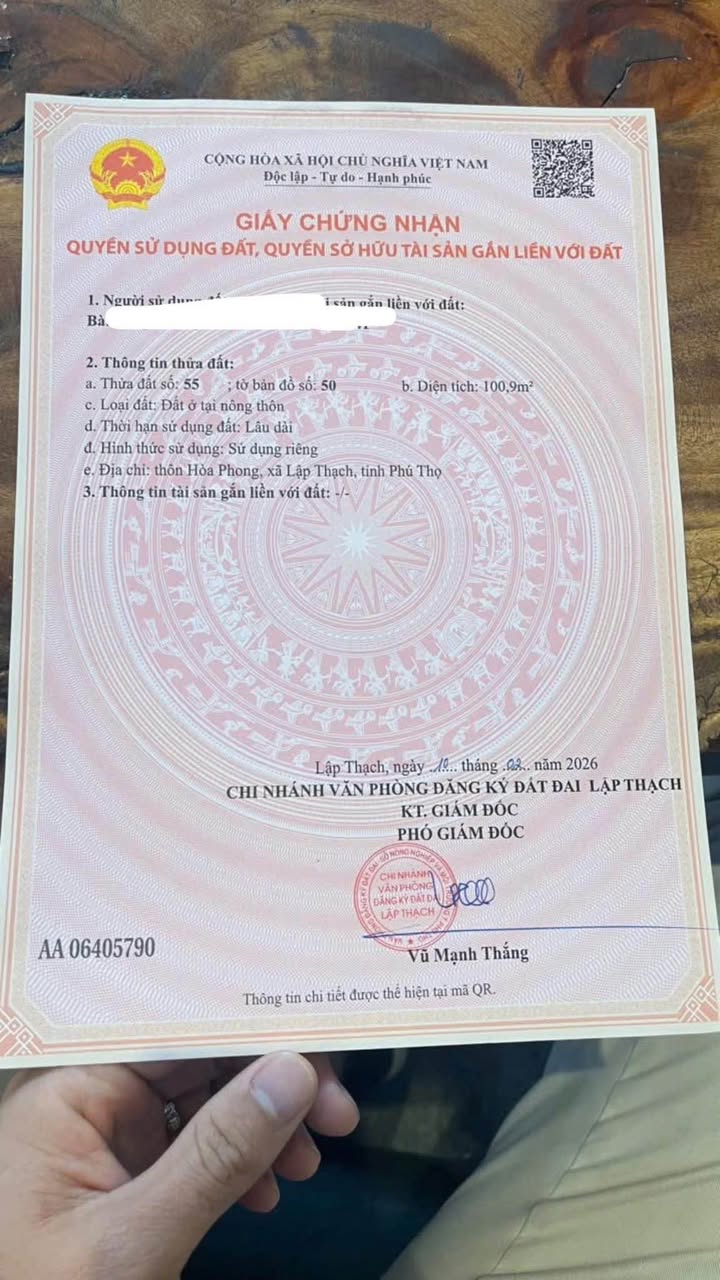 Đất thổ cư 100m² tại Lập Thạch, Vĩnh Phúc - Sẵn sổ, giá 6xx triệu