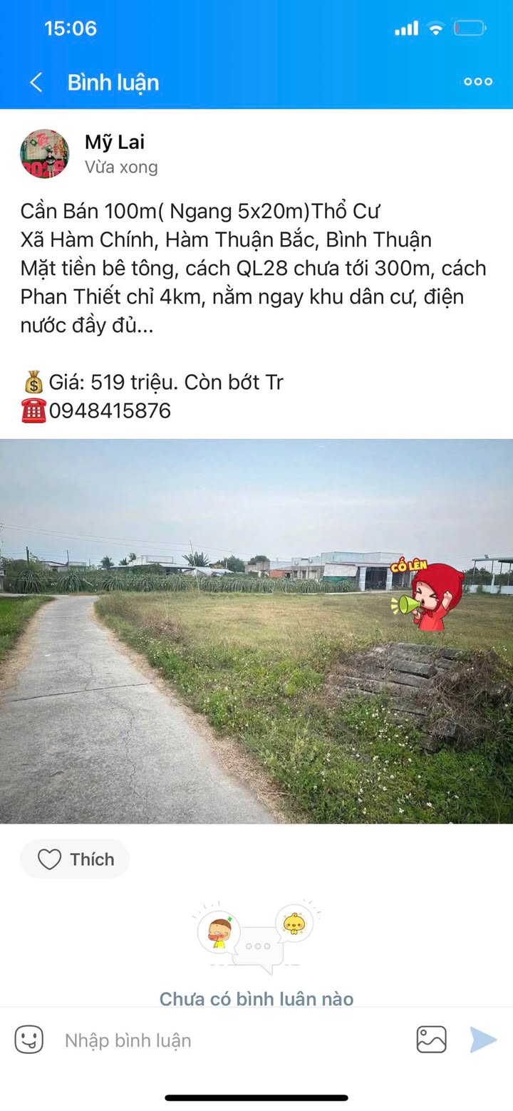 Đất nền Hàm Chính 100m² giá 519 triệu - Sổ đỏ chính chủ