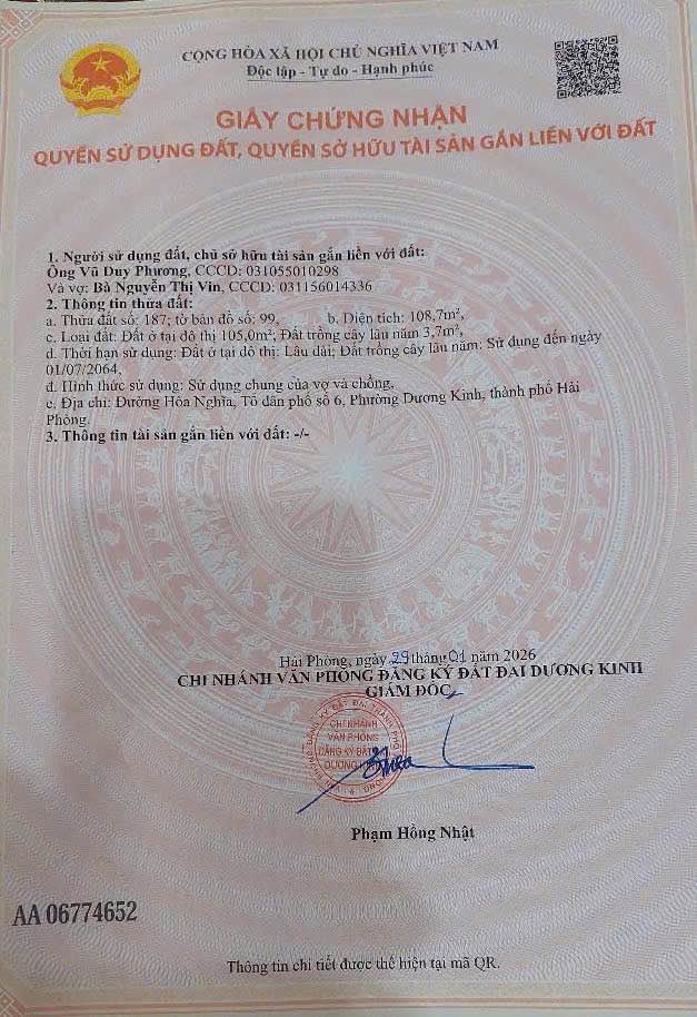 Bán Đất Vườn 108m² Đường Hòa Nghĩa, Dương Kinh - Sổ Hồng Sẵn Sàng