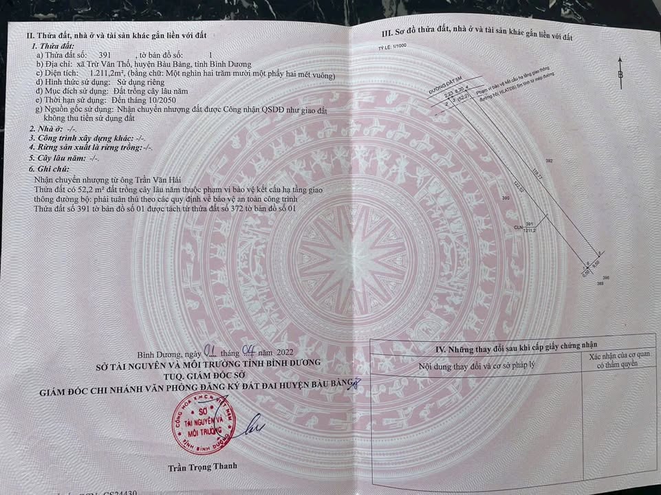 Đất nền Trừ Văn Thố Bàu Bàng 1200m² chỉ từ 1.1 tỷ - Sổ đỏ chính chủ