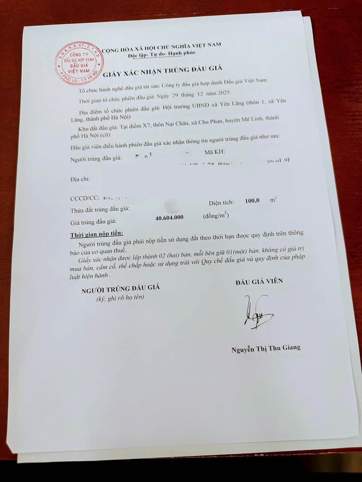 Đất đấu giá Mê Linh 100m² - Vuông vắn, giá chỉ 4 tỷ - Sổ đỏ sẵn sàng