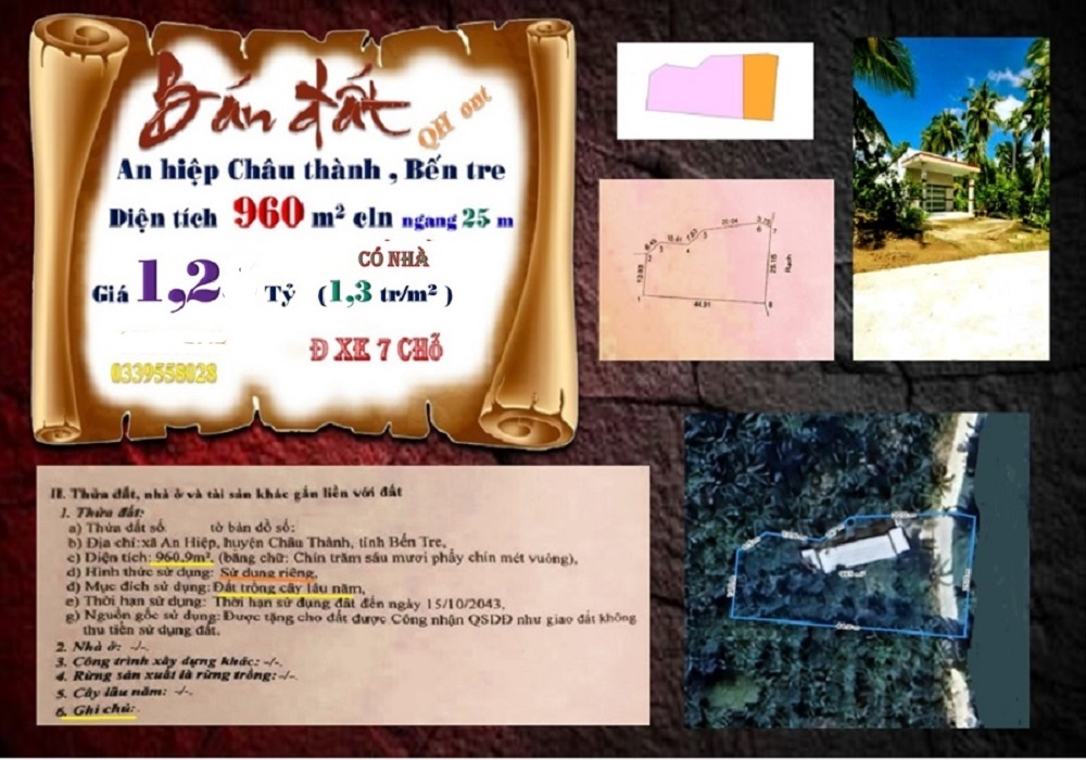 Bán Đất Vườn 960m² Sổ Đỏ An Hiệp, Bến Tre - Giá 1.2 Tỷ, View Sông Mát