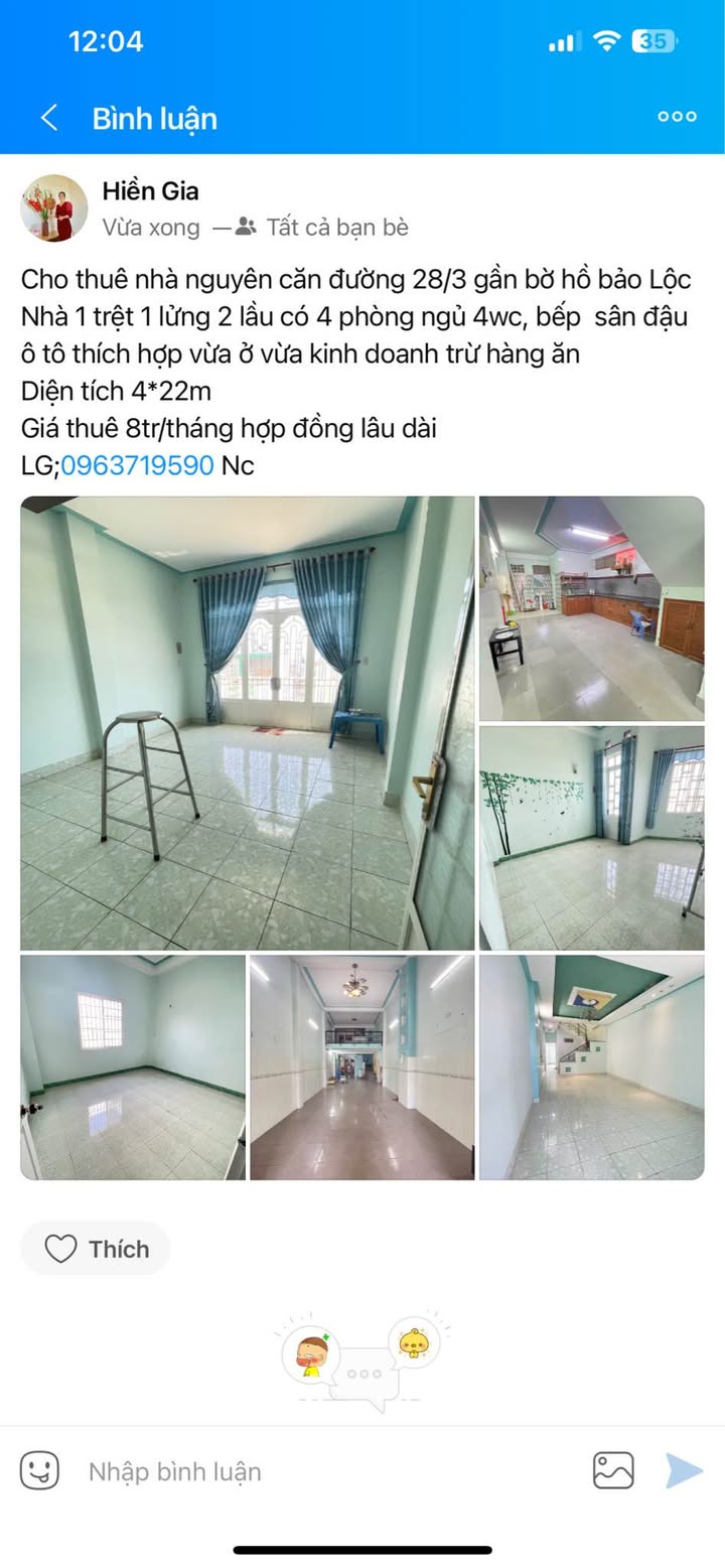 Nhà nguyên căn Đường 28/3 Bảo Lộc 88m² giá 8 triệu - Ô tô vào tận nhà!
