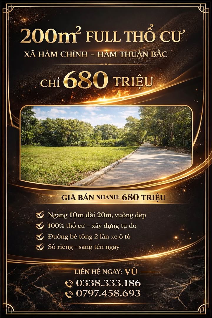 Đất nền Hàm Chính 200m² - Sổ đỏ chính chủ, giá 680 triệu
