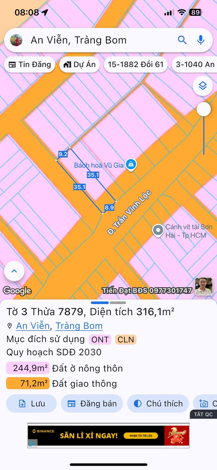 Đất Lô Góc Trần Vĩnh Lộc Trảng Bom Đồng Nai - 311.5m² - Sổ Riêng