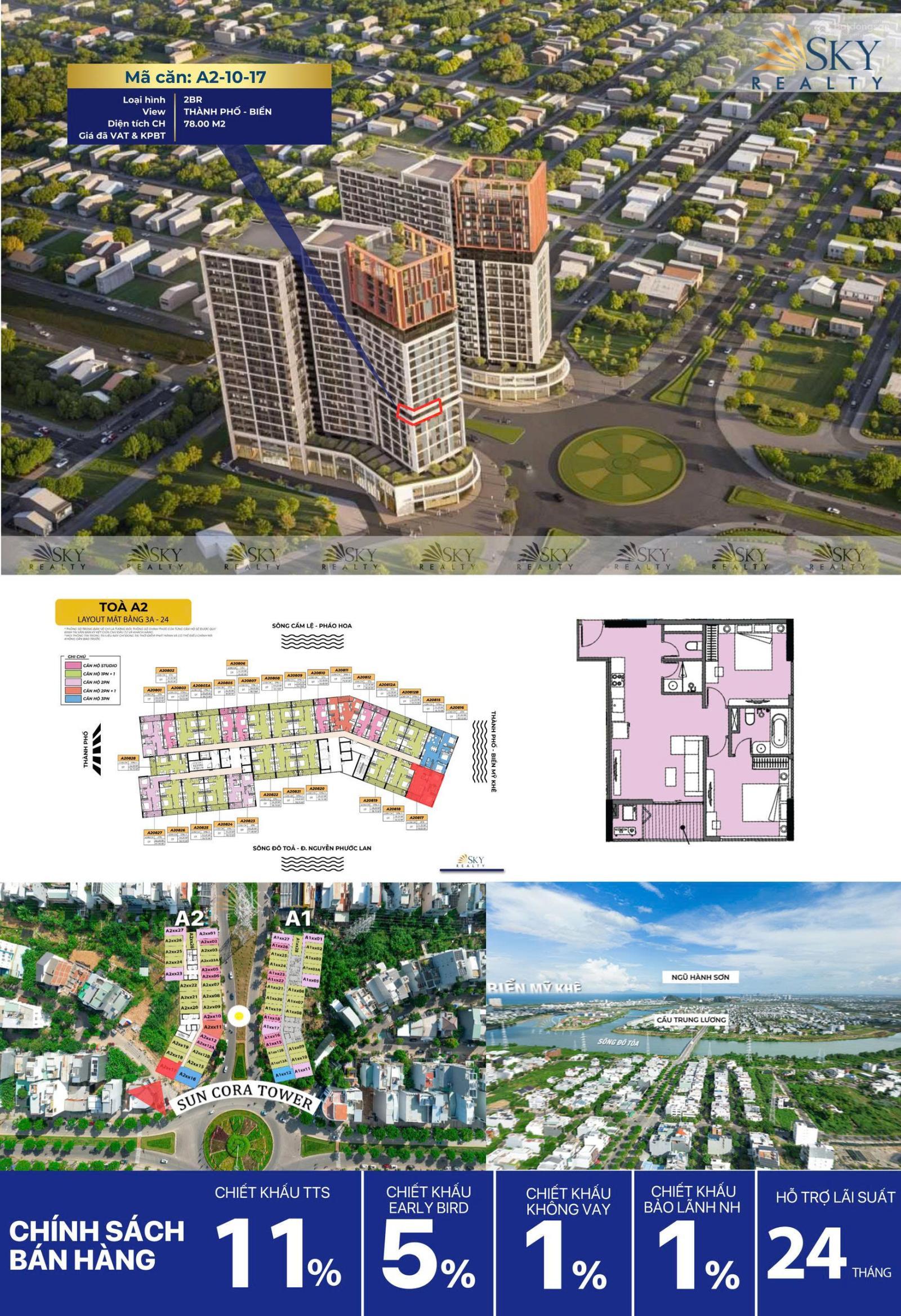 Căn hộ Cora Tower 71m² - Căn góc view sông Cẩm Lệ, hướng Đông Nam!