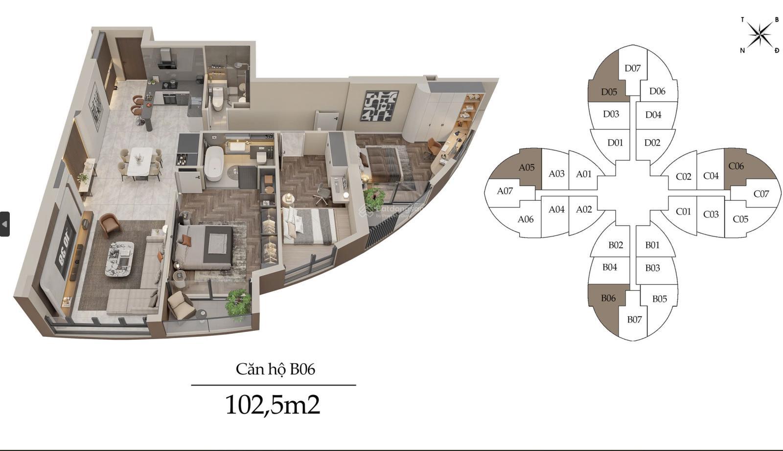 Căn hộ 3PN The Queen Giải Phóng 102.5m² - Nội thất cao cấp, Vay 0% 18 tháng