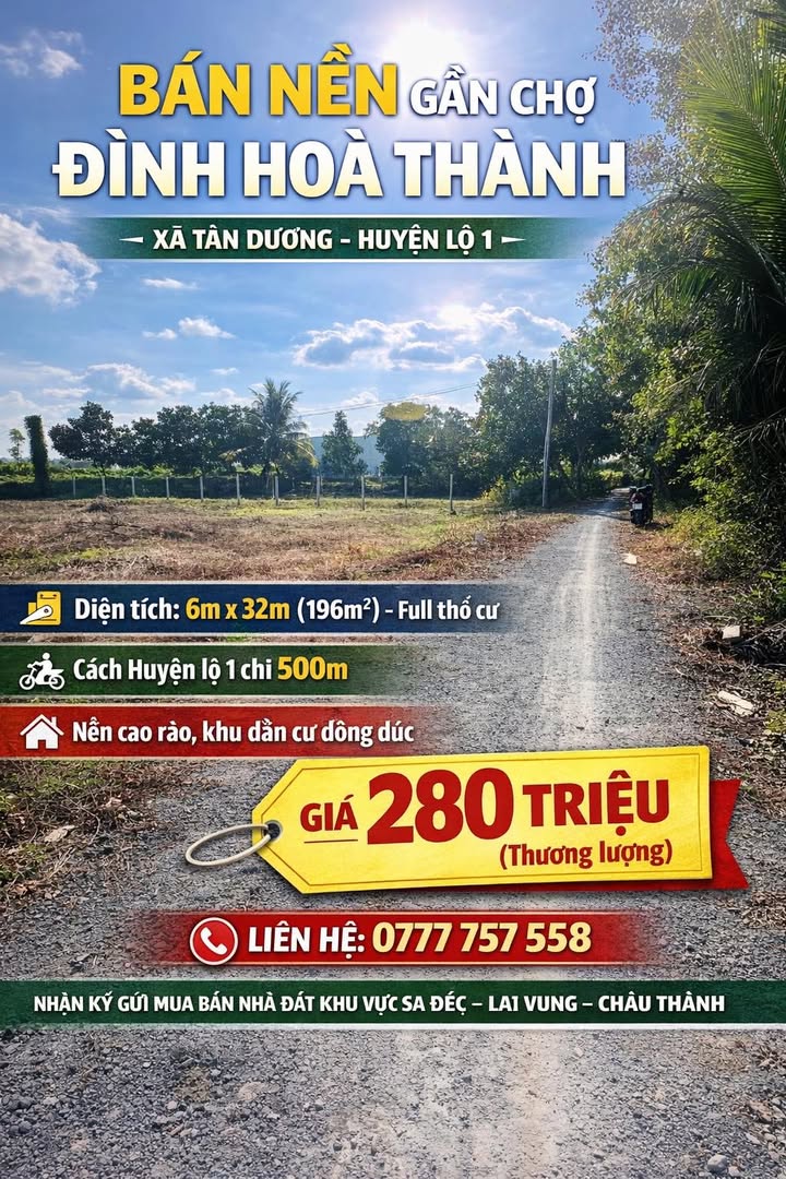 Bán nền 196m² Xã Tân Dương, Lai Vung - Giá 2.8 Tỷ, Sổ Đỏ