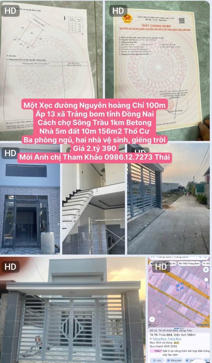 Nhà 156m² Thổ Cư, 3PN, Đường Nguyễn Hoàng Trảng Bom - Giá 2.39 Tỷ