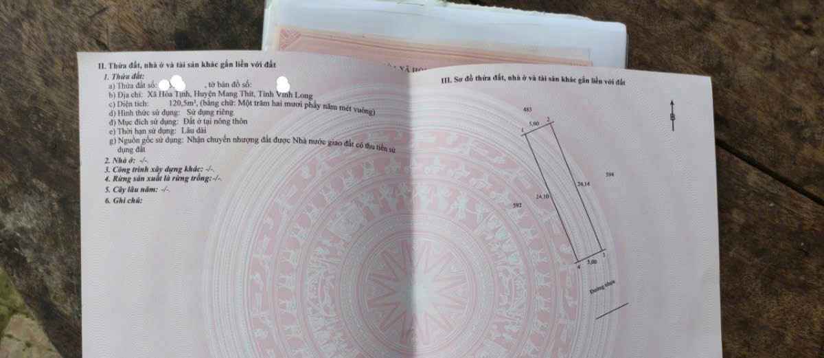 Đất Thổ Cư 120m² Hòa Tịnh, Vĩnh Long - Sổ Hồng Sẵn Sàng An Cư