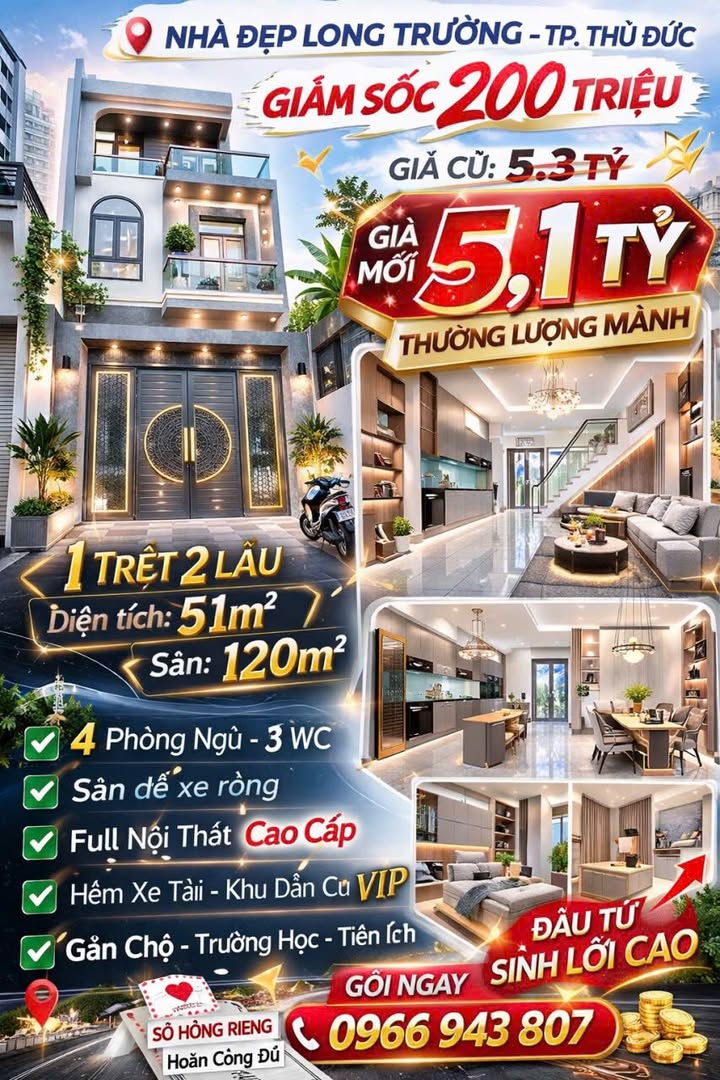 Bán nhà Long Trường TP. Thủ Đức 51m² giá 5.1 tỷ - Ô tô vào tận nhà
