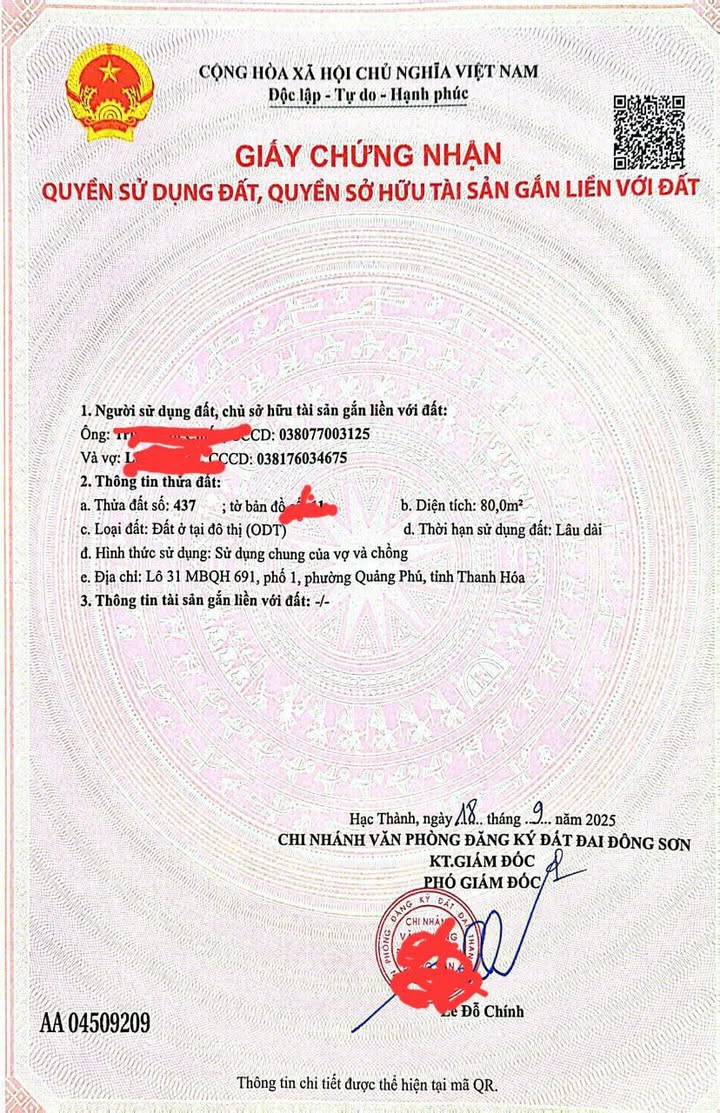 Đất nền MBQH 691 Quảng Hưng 80m² giá 3 tỷ - Sổ đỏ chính chủ