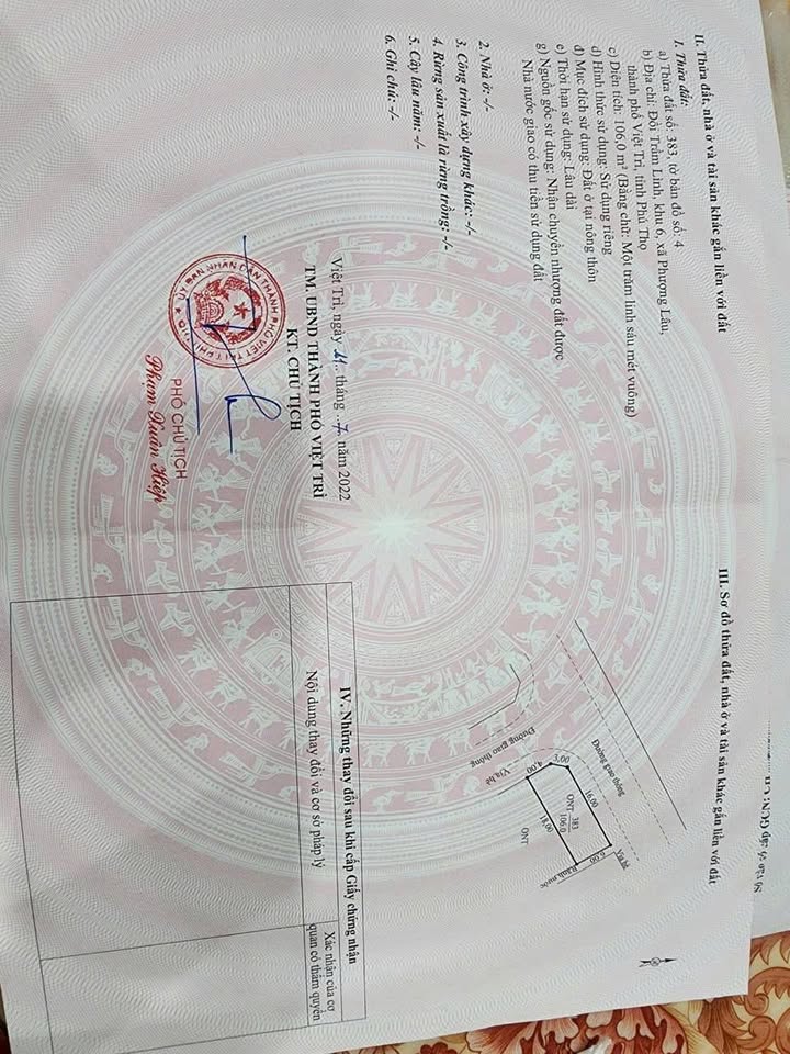 Đất nền Việt Trì 106m² - Sổ đỏ sẵn, hai mặt tiền, 2 tỷ - Cơ hội đầu tư sinh lời!