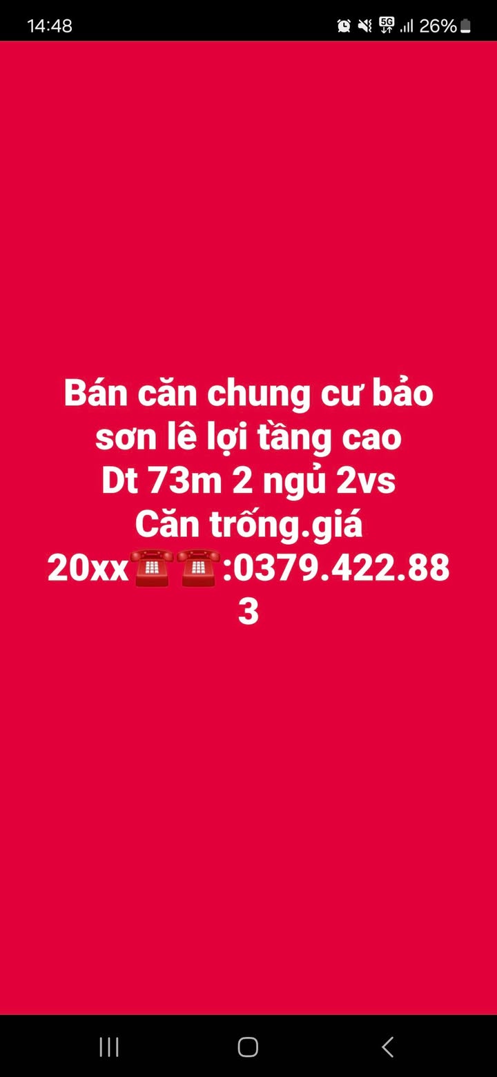 Chung cư Bảo Sơn Lê Lợi Vinh 73m² giá 2 tỷ - Tầng cao, bàn giao ngay!