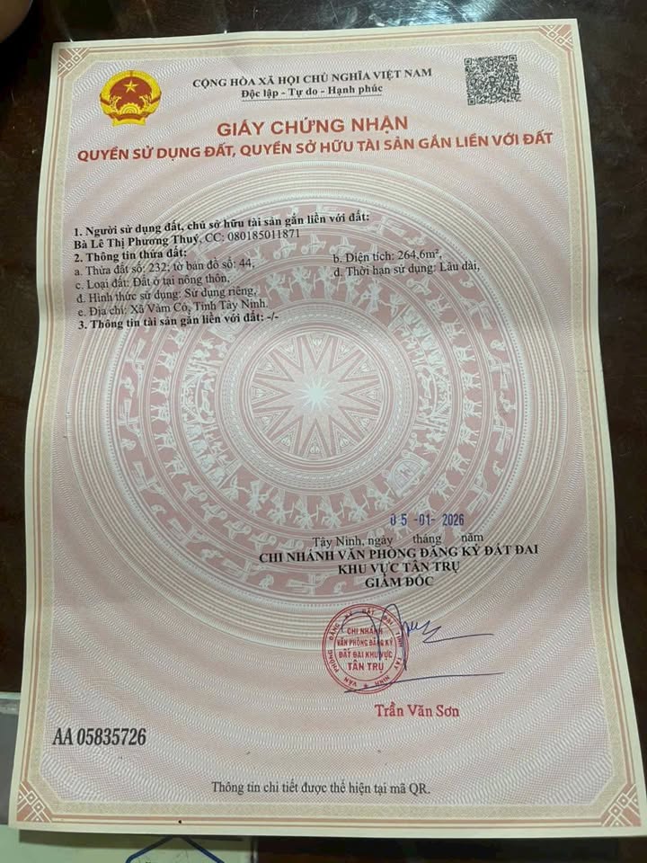 Đất Vườn Tây Ninh 265m² Giá 480 Triệu - Sổ Hồng Riêng, Gần TP.HCM