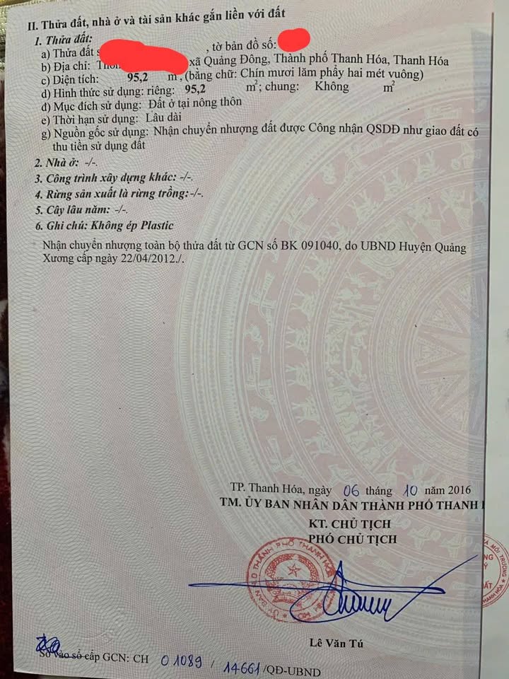 Bán đất tặng nhà cấp 4 Quảng Đông TP Thanh Hóa 95m² - Sổ đỏ chính chủ