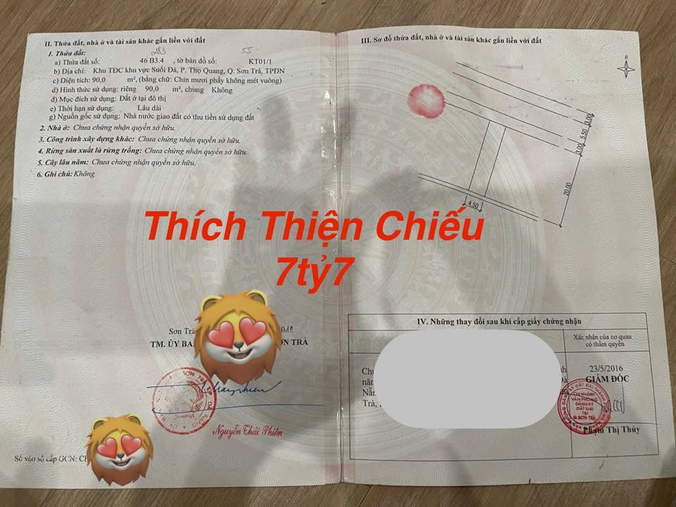 Đất nền Thích Thiện Chiếu Sơn Trà 90m² Hướng Tây - Giá 7 tỷ