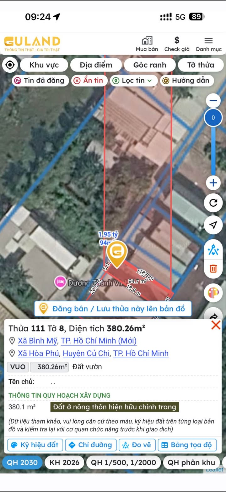 Đất nền Hòa Phú Củ Chi 95m² 1,85 tỷ - Đường to ô tô