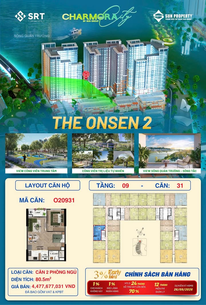 Căn hộ 2PN The Onsen 2 (80.5m²) - View Sông Quán Trường & Công viên