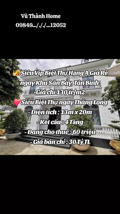 Biệt Thự Hạng A Tân Bình - 260m² - 30 Tỷ - Gần Sân Bay