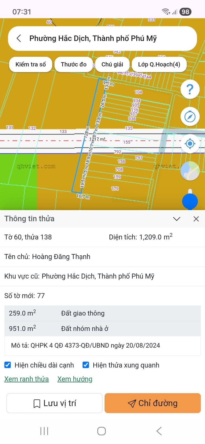 Bán gấp đất nền 1209m² Hắc Dịch, Phú Mỹ - Sổ đỏ 60m² thổ cư
