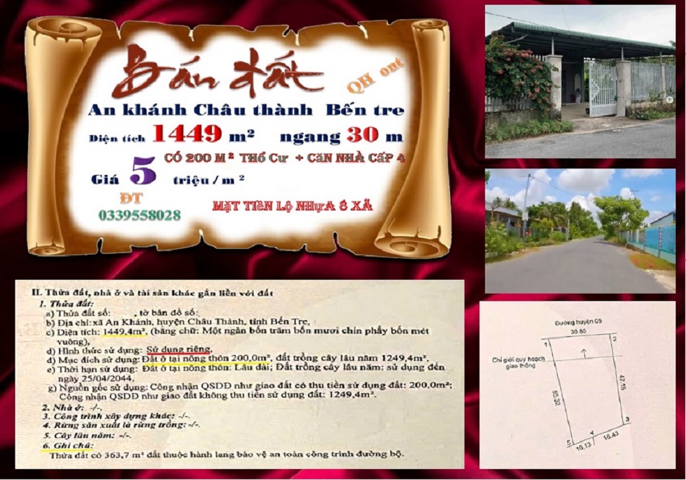 Bán Đất Mặt Tiền 1449m² An Khánh, Bến Tre - Lộ Nhựa 8m, Giá Tốt