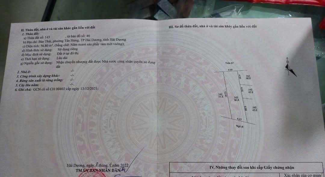 Đất nền 56.8m² Hướng Nam, Ngõ Ô tô - Tân Hưng, TP. Hải Dương