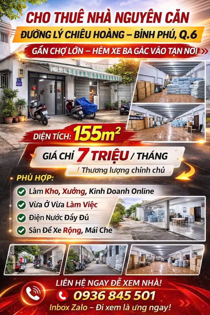 Kho/Xưởng 155m² Lý Chiêu Hoàng Q6 - Giá 7 Triệu/Tháng, Sẵn Sàng Kinh Doanh