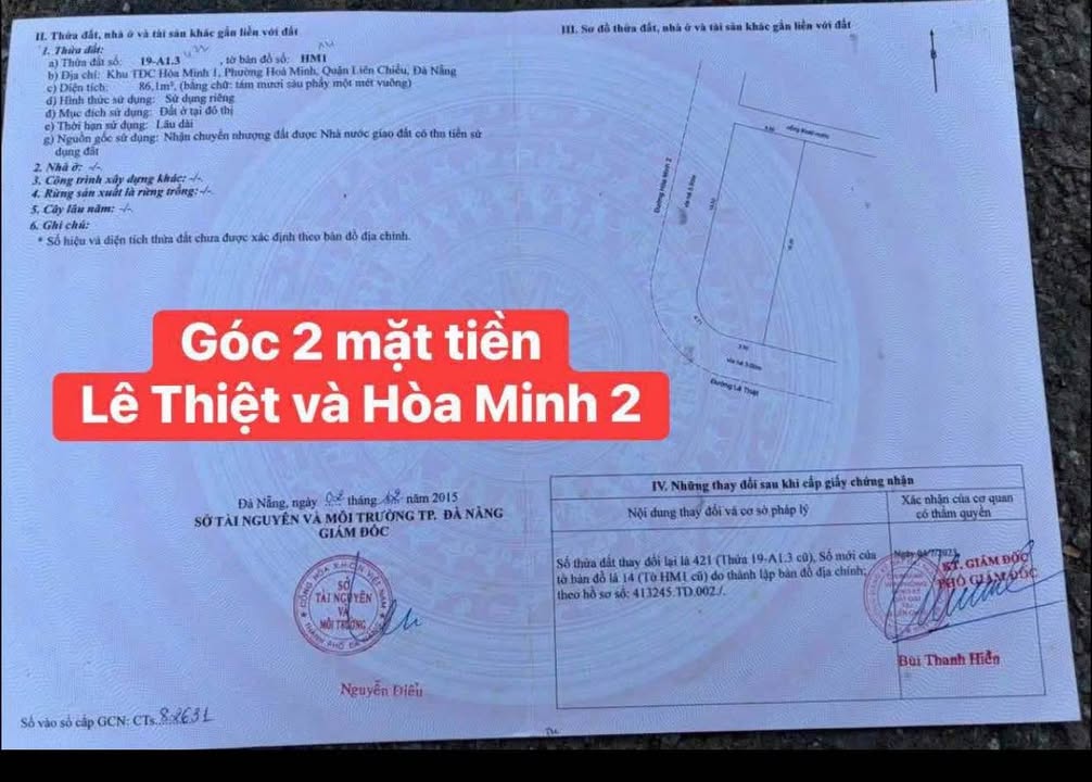 Bán Đất Góc 2 Mặt Tiền Lê Thiệt & Hòa Minh 2, Đà Nẵng - 86m², Sát Biển