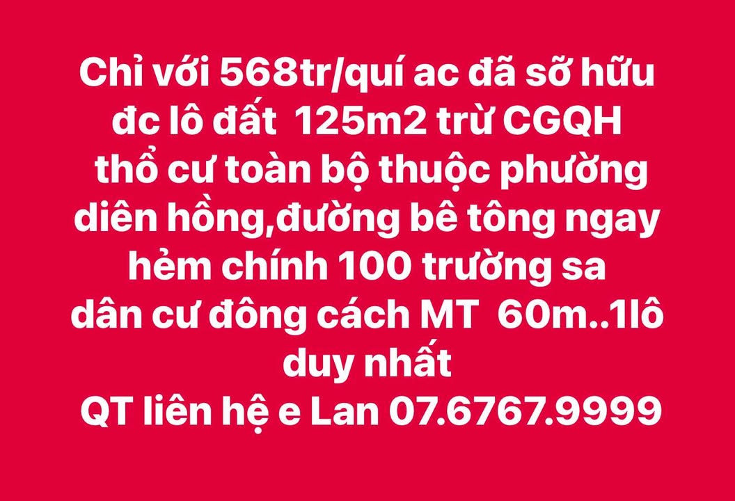 Đất Nền Phường Diên Hồng 125m² - Sổ Đỏ, Giá Tốt Chỉ 568 Triệu