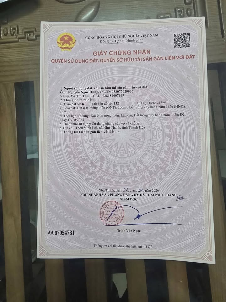 Đất nền Như Thanh 213m² - 2 mặt tiền, gần QL45, giá 1.4 tỷ