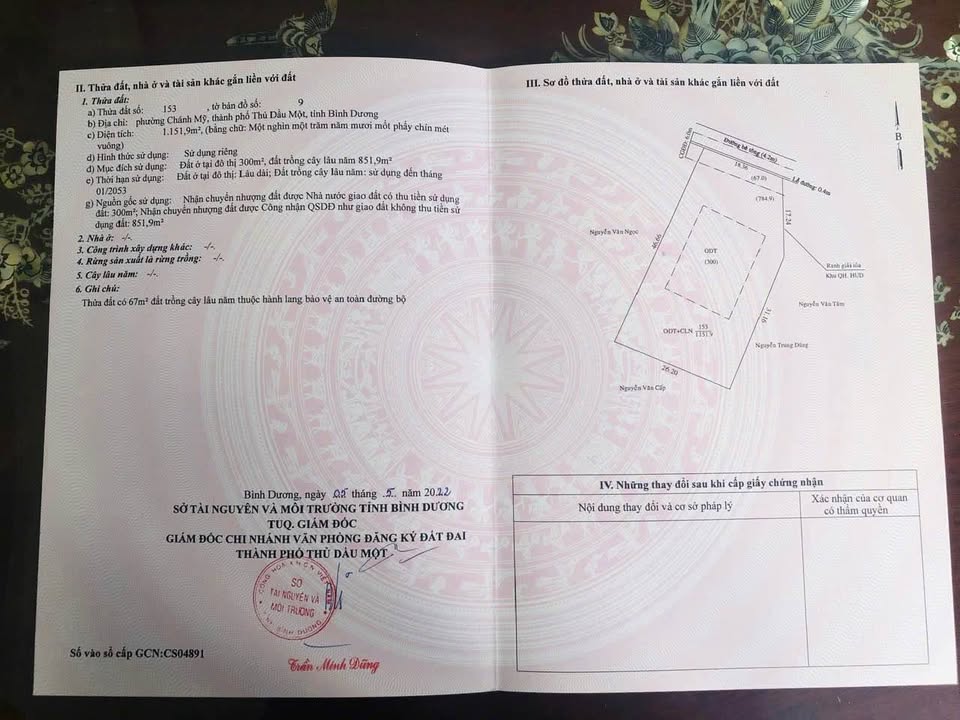 Đất nền Chánh Mỹ Thủ Dầu Một 1151.9m² - Thổ cư, đường ô tô, tiềm năng lớn!