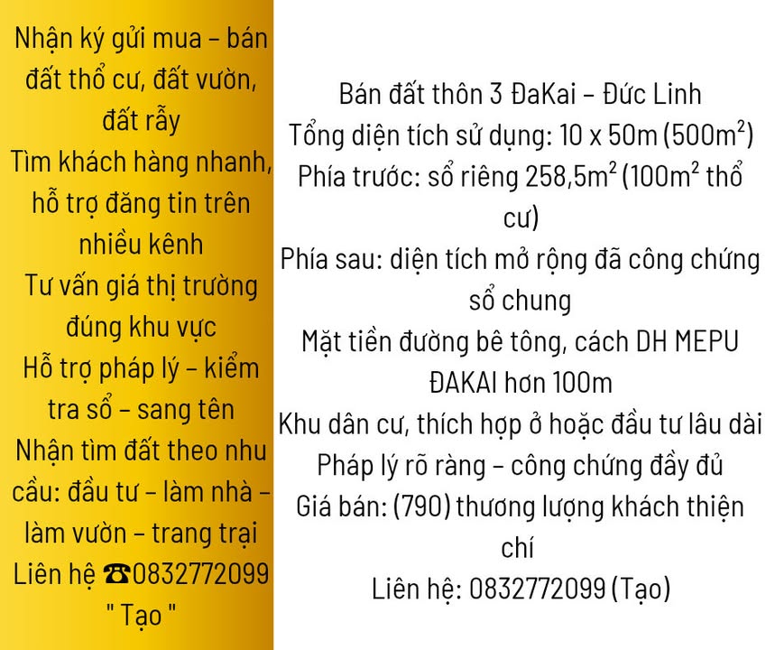 Đất nền Thôn 3 Đa Kai, Đức Linh 500m² giá 790 triệu - Sổ đỏ chính chủ