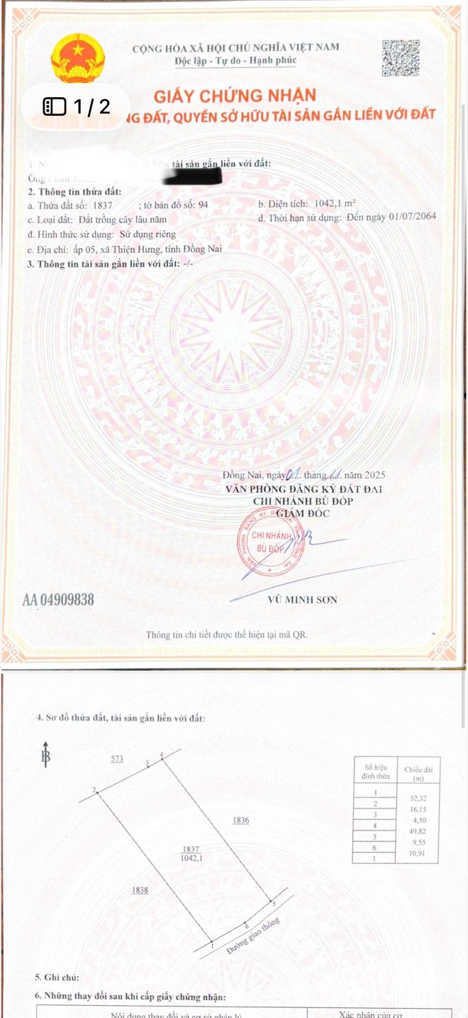 Đất nền Bù Đốp Bình Phước - 1000m² Sổ đỏ vuông vức, Giá 2.35 tỷ