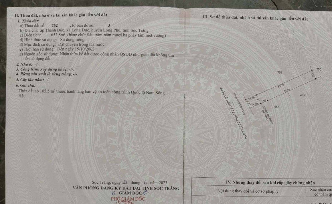 Đất Lúa Mặt Tiền Đường Năm Sông Hậu, Trần Đề, Sóc Trăng - 540m² Giá Tốt