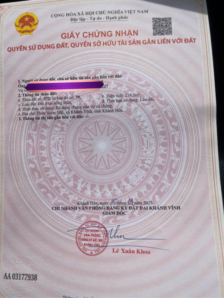 Đất nền Khánh Phú Khánh Vĩnh 216m² giá 390 triệu - Sổ đỏ chính chủ