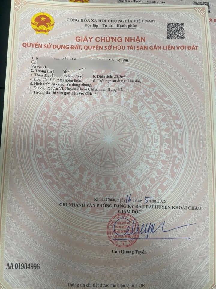 Đất nền An Vĩ Khoái Châu 83m² giá 2 tỷ - Sổ đỏ chính chủ